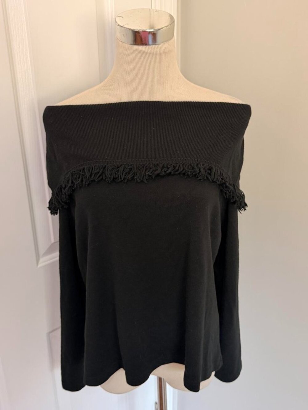 Y2K BLACK MISS DORBY FRINGE OFF THE SHOULDER‎ 3/4 SLEEVE SWEATER TOP